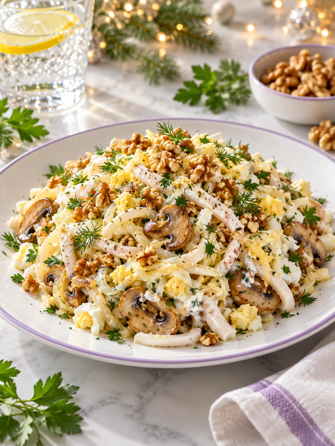 Салат с кальмарами, грибами и орехами